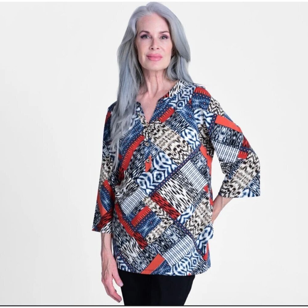 Christopher & Banks Patchwork Bell Sleeve Y Neck Tunic Size Petite L